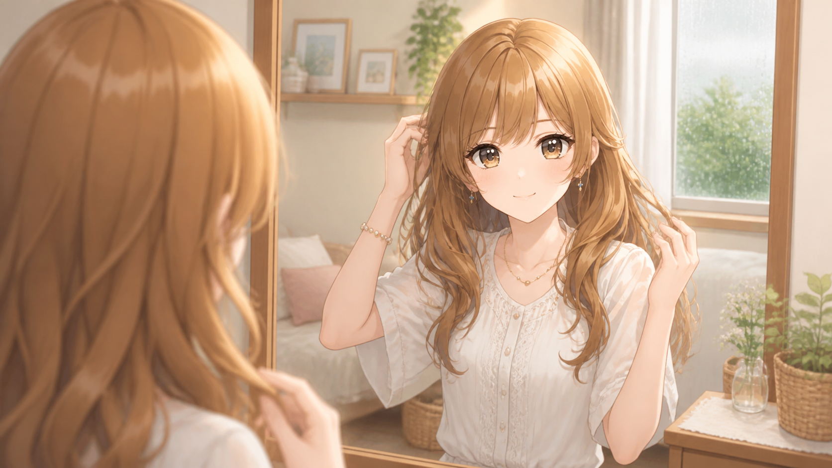 通勤前に髪の広がりを確認する女性