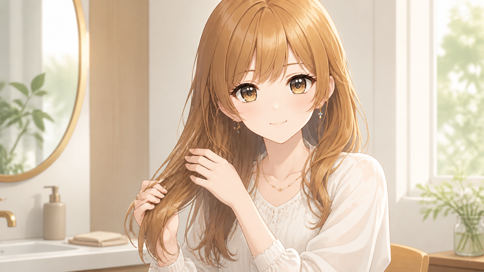 タオルドライ後の髪にヘアオイルをなじませる手順のイメージ