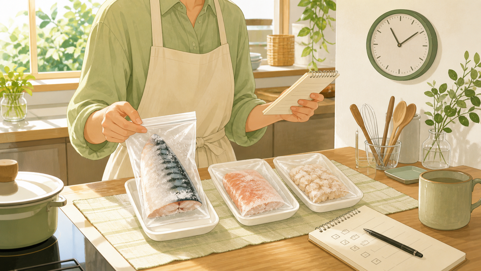 冷凍食品の量と解凍時間をチェックリストで確認する様子