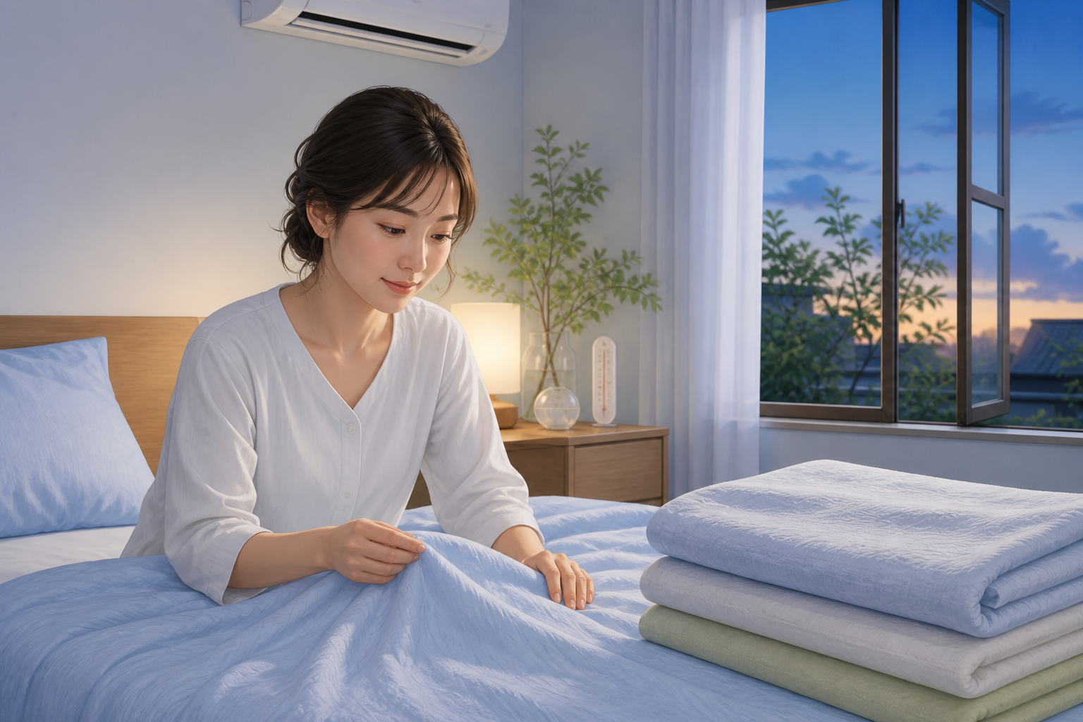 残暑の夜に寝具の肌触りを確かめる女性