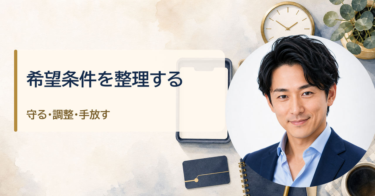 金・魚鉢が解説する「50代の転職で希望条件を下げる前に｜求人選びで整理したい3つの条件」のアイキャッチ